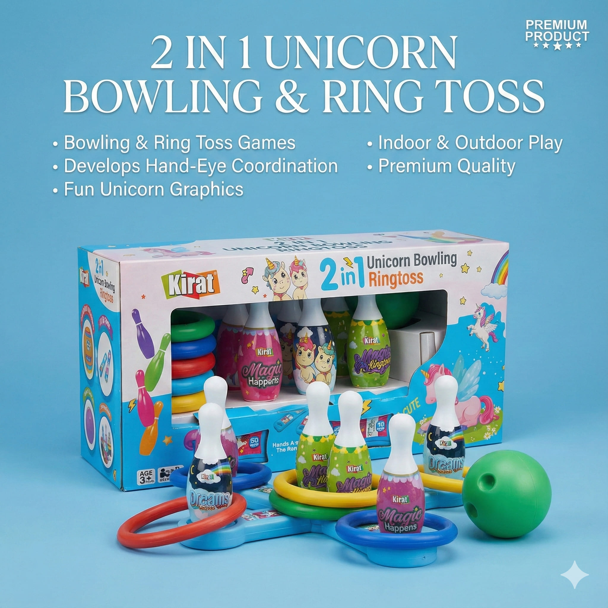 Bowling Set with Ringtoss Unicorn 2in1 - Kirat